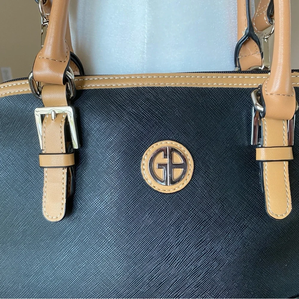 Giani Bernini Black and Tan Satchel with Dome Shape and Gold Hardware
